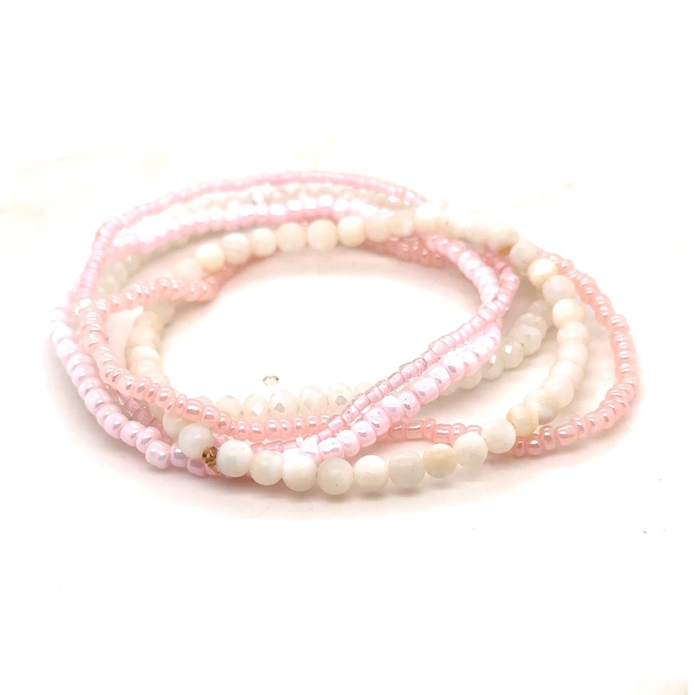 Pink and White Seed Bead Stackable Stretch Bracelet Set 5 Piece Boho Style